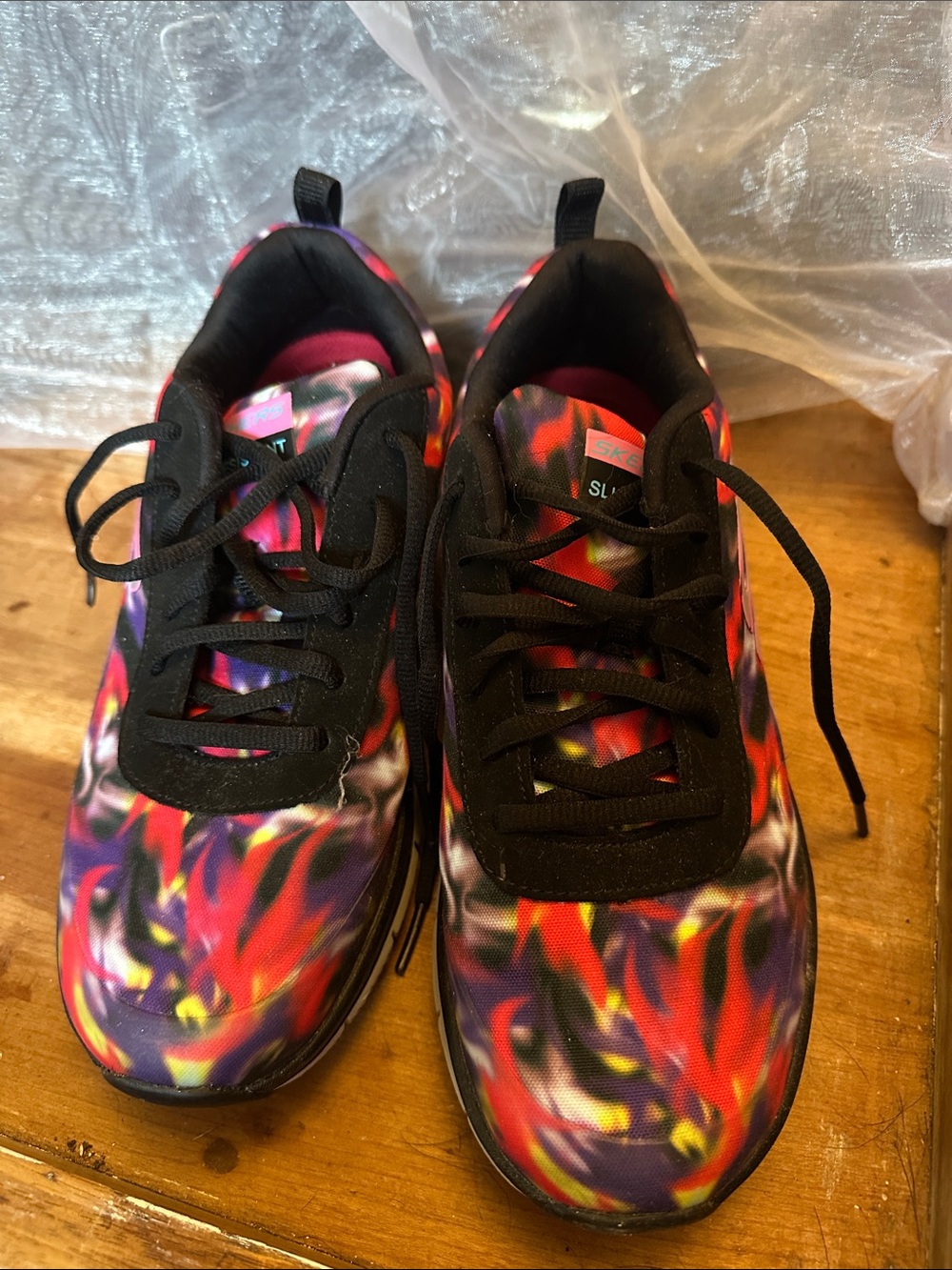 Skechers Kids Black Sneakers with Red, Purple & Yellow Flame Print